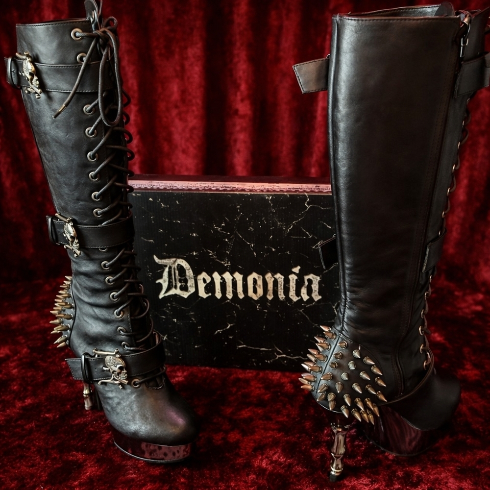 DEMONIA Muerto-2028 Goth Punk Bone Heel Spiked Skull Buckle Knee Boots Size